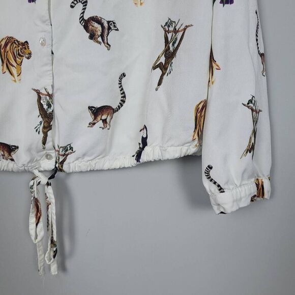 Zara Womens Jungle Animals Top White Large Long Sleeve Cinched Waist Button Up - Picture 3 of 8
